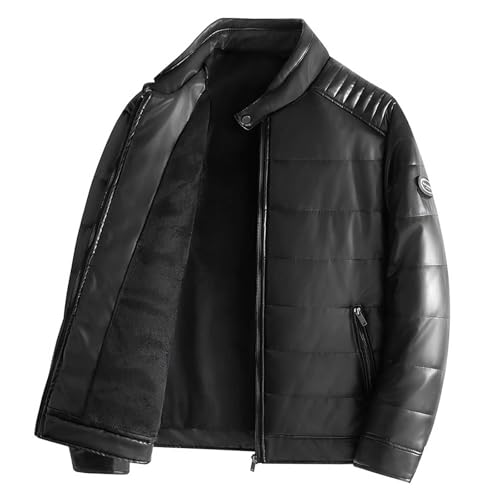 2024 Neue Herbst- und Winter-Lederjacke für Herren, gepolsterte, verdickte Baumwolle, Stehkragen-Lederjacke Bomberjacke Mit Fell (A-Black, XXXL)