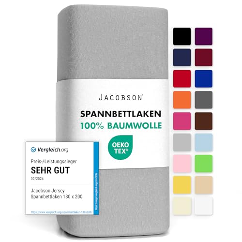Jacobson Jersey Spannbettlaken Spannbetttuch Baumwolle Bettlaken (120x200-130x200 cm, Grau)