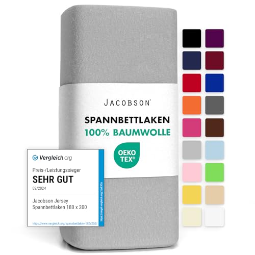 Jacobson Jersey Spannbettlaken Spannbetttuch Baumwolle Bettlaken (140x200-160x200 cm, Grau)