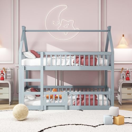 Etagenbett 90x200, Kinderbett Hochbett für 2 Kinder, Hausbett mit Leiter und Tür, Kinderhochbett mit Rausfallschutz, Bettgestell Stockbett Familienbett Loft Bett, mit Lattenrost, Massivholz, Grau