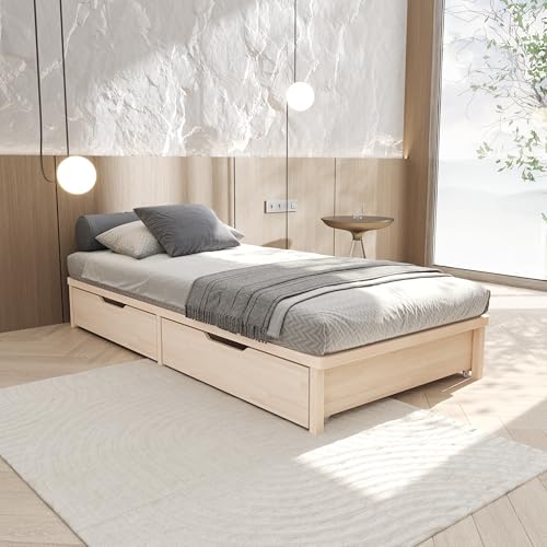 Bettgestell 120x190 cm Lisette mit Lattenrost mit Füßen – Futonbett aus Vollholz mit Rollrost – Bettrahmen 300 kg belastbar – Stabiles Holzbett ­– unbehandeltes FSC®-zertifiziertes Massivholz