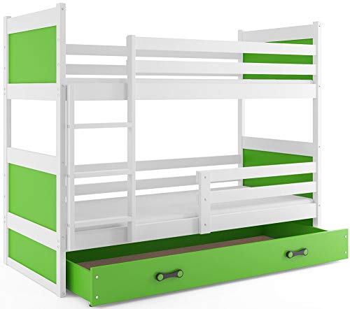 Interbeds Etagenbett Hochbett RICO 90x190cm, Farbe: Weiβ, Kinderbett mit Lattenroste und Matratzen (GRÜN)
