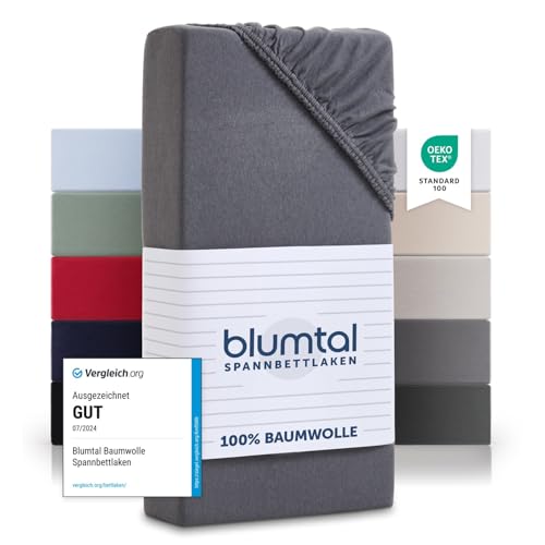 Blumtal® Baumwolle Spannbettlaken 135x190cm Basics Jersey - Bettlaken 135x190cm - Oeko-TEX zertifiziertes Spannbetttuch 135x190cm - Matratzenbezug 135x190cm - Leintuch - Bettbezug - Grau