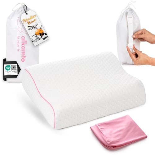 alkamto Reisekissen – Campingkissen – Ergonomisches Memory-Schaum-Kissen mit Temperaturregulierendem Bezug – Extra Baumwollbezug – Inklusive Reisetasche