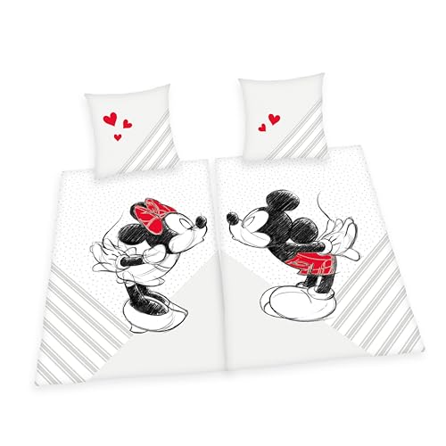 Herding Mickey & Minnie Mouse Partnerbettwäsche, Disney, 2 x Kopfkissenbezug ca. 70 x 90 cm, 2 x Bettbezug 140 x 200 cm, Mit leichtläufigem Reißverschluss, 100% Baumwolle/Renforcé