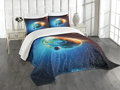 ABAKUHAUS Erde Tagesdecke Set, Galaxy-Raum spielt Astral, Set mit Kissenbezug Weicher Stoff, für Einzelbetten 170 x 220 cm, Orange blau schwarz