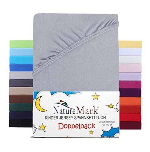 NatureMark 2er Set Kinder Spannbettlaken Jersey, Spannbetttuch 100% Baumwolle, für Babybett und Kinderbett | 70x140 cm - Silber grau