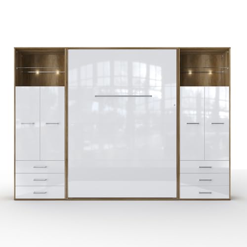 MAXIMAHOUSE Schrankbett vertikal Invento LED 140V mit 2 Regalen, Lattenrost aus Holz, Wandklappbett 140x200 modern Concept und Design, stabil,praktisch,platzsparend