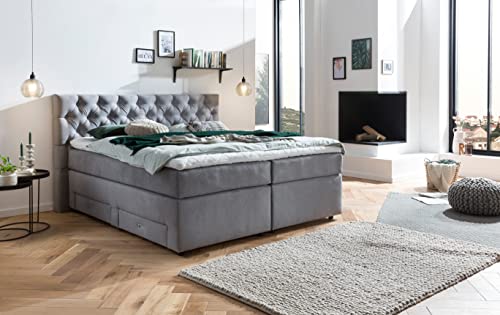 Belanoti ® Lara Boxspringbett 160x200 mit 4 Schubladen Stauraum Bett 180x200 mit Bettkasten in der Farbe Hellgrau H2/H3 Chesterfield Kopfteil 7-Zonen Taschenfederkern Matratze inkl. Visco Topper