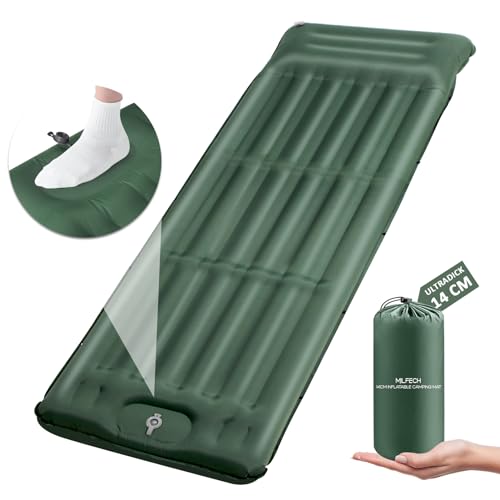 MILFECH 14CM Isomatte Camping Selbstaufblasend,Aufblasbare Luftmatratze mit Fußpresse Pumpe&integrierten kopfkissen,Ultralight Isomatte Wasserdicht Outdoor,Schlafmatte für Camping,Wandern (Grün)