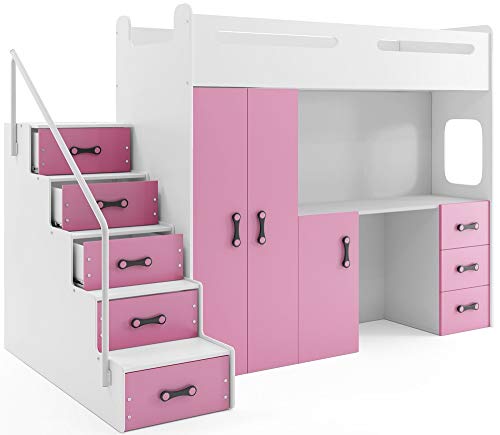 Interbeds Etagenbett Hochbett MAX 4 Größe 200x80cm mit Schrank und Schreibtisch, Farbe zur Wahl inkl. Matratze (rosa)