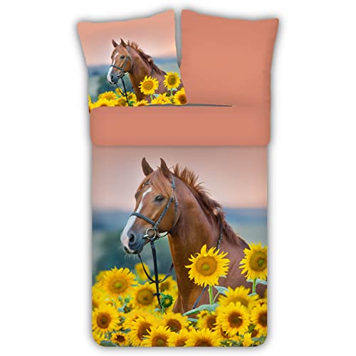 ESPiCO Bettwäsche Trendy Bedding Pferd Sonnenblumen Feld Blumen Landschaft Sonnenuntergang Rosa Bunt Renforcé, Größe:135 cm x 200 cm