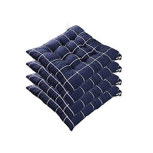 AGDLLYD Stuhlauflagen 4er Set Kissen, 40x40 cm Stuhlkissen Kariert Gepolstertes Sitzkissen mit Bändern für Indoor und Outdoor - in vielen Farben erhältlich (Blau)