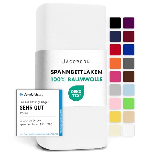 Jacobson Jersey Spannbettlaken Spannbetttuch Baumwolle Bettlaken (90x200-100x200 cm, Weiss)