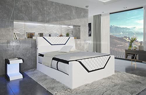 Sofa Dreams Boxspringbett Nantes Leder mit Stauraum LED Licht und Luxus Hotelmatratze Bett in 140x200 160x200 180x200 200x200 200x220 (200 x 200 cm, Weiß-Schwarz)