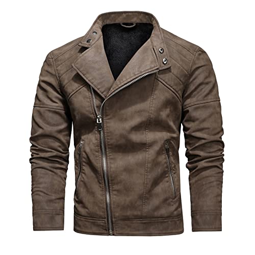 Herren-Winter-PU-Lederjacke mit großem aus Samt, geneigtem Kragen, Reißverschluss, Stehkragenjacke Herren Filz Mantel (Brown-A, XXL)