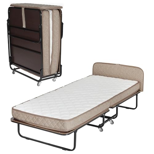 Edward Bed & Bath klappbares Gästebett mit Rollen, 90x200 cm, 14 cm Federkernmatratze (mittelfest), platzsparend, stabil und belastbar, Klappbett, beige