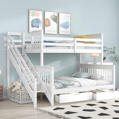 LATICO Kinderbett 90x200 & 140x200 Etagenbett, Hausbett Hochbett mit Leiter und Stauraum Schubladen, Holzbett Bettgestell mit Rausfallschutz und Lattenrost, Einzelbett Doppelbett, Ohne Matratze, Weiß