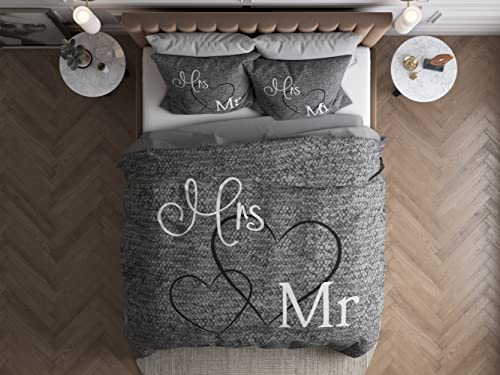 Sleeptime Partner Bettwäsche Mr. und Mrs. 200cm x 220cm 3teilig grau - weich & bügelfrei Bettbezüge mit Druckknöpfe - graue Bettwäsche Set aus 100% Baumwolle - 2X Kissenbezug 60x70cm