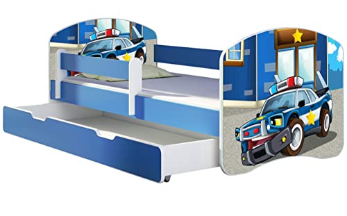 ACMA Kinderbett Jugendbett mit Einer Schublade und Matratze Blau mit Rausfallschutz Lattenrost II 140x70 160x80 180x80 (38 Polizei, 160x80 + Bettkasten)