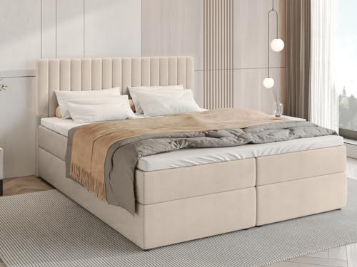 BROMARKT Boxspringbett Dream 160x200 cm - Doppelbett mit Bonell Matratze - Modern Boxspringbett - Polsterbett mit Bettkasten und Gepolsterte Kopfstütze - Beige