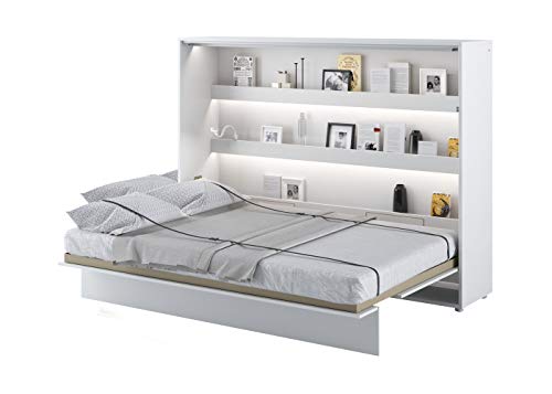 Schrankbett Bed Concept, Wandklappbett mit Lattenrost, V-Bett, Wandbett Bettschrank Schrank mit integriertem Klappbett Funktionsbett (BC-04, 140 x 200 cm, Weiß/Weiß Hochglanz, Horizontal)