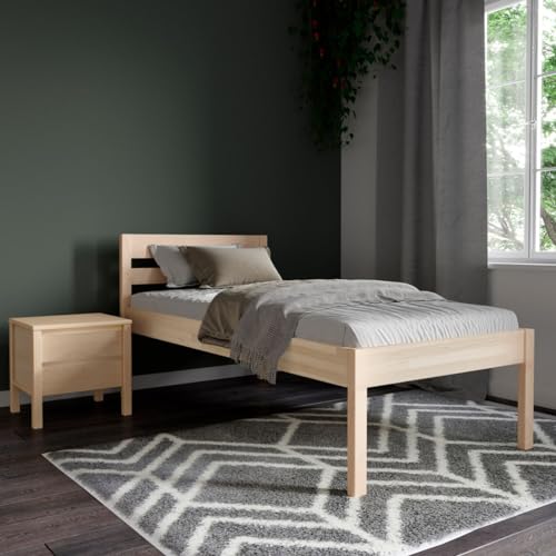 Hansales Seniorenbett 90x200 cm Triin Scandi Style ohne Rollrost aus hartem FSC® Birken Massivholz - über 350 kg - Holzbett 55 cm hoch mit Kopfteil.