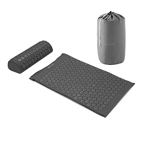 Navaris 2in1 Akupressur Massage Set - Akupressurmatte und Kissen mit Tasche - Akupressur Matte und Kopfkissen - Nadelmatte Grau