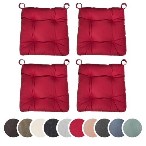 sleepling 4er Set Stuhlkissen, Sitzkissen Eva für Indoor und Outdoor, mit Klettverschluss, 100% Baumwolle, Made in EU, Maße: 40 (vorne), 35 (hinten) x 38 x 7 cm, rot