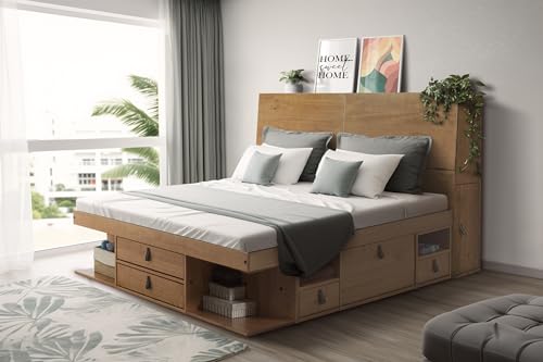 Memomad Set Bali Oak: Funktionsbett 160x200 + Funktionskopfteil 170 + Lattenrost. Bett und Kopfende aus massiv Holz Kiefer mit viel Stauraum und Schubladen, optimal für kleine Schlafzimmer…