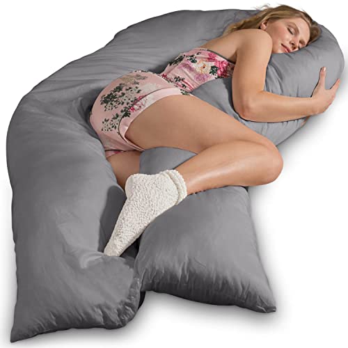 Traumreiter Jumbo XXL Seitenschläferkissen mit Bezug Baumwolle Grau - Schwangerschaftskissen U Form Komfortkissen Full Body Pillow Seitenschläfer Kissen