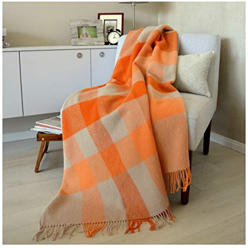 Linen & Cotton Warme Decke Wolldecke Kariert Wohndecke Kuscheldecke DEVON - 100% Reine Neuseeland Wolle, Orange/Beige/Natur (140 x 200 cm), Sofadecke/Tagesdecke/Überwurf Plaid Blanket/Schurwolle