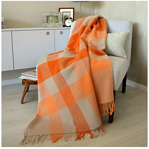 Linen & Cotton Warme Decke Wolldecke Kariert Wohndecke Kuscheldecke Devon - 100% Reine Neuseeland Wolle, Orange/Beige/Natur (140 x 200 cm), Sofadecke/Tagesdecke/Überwurf Plaid Blanket/Schurwolle