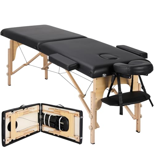 Yaheetech Massageliege Mobile Massagetisch mit Holzfüßen 2 Zonen Tragebares Massagebett inkl. Kopfstütze & Armlehnen Höhenverstellbar 60cm Breit bis 250 kg Belastbar, Schwarz