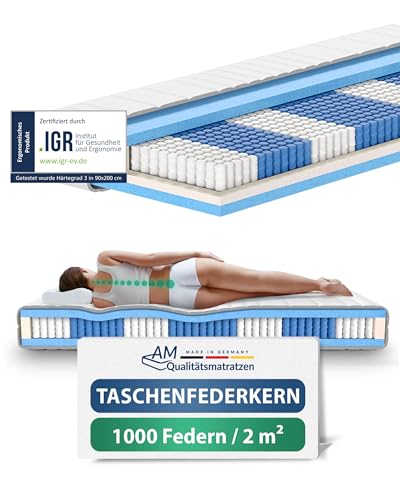 AM Qualitätsmatratzen 1000 Federn 7-Zonen Taschenfederkernmatratze 200 x 220 cm H4-24 cm Premiumhöhe - 1.000 Federn Matratze 200x220cm