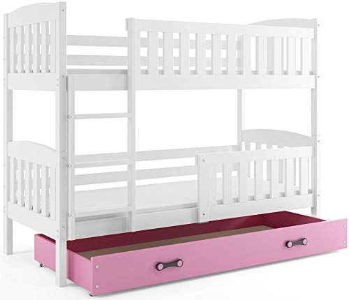 Interbeds Etagenbett Quba 190x80cm Weiß+Varianten/mit Matratzen, Schublade und Lattenroste (weiß+rosa Schublade)