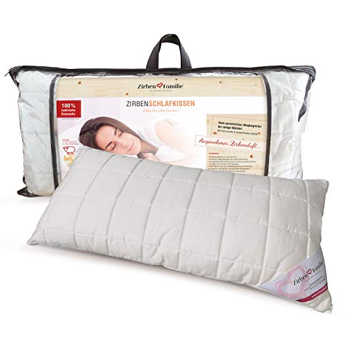 Zirben Familie® ZirbenKissen Premium 40x80cm | Schlafkissen gefüllt mit feine ZirbenFlocken und Schurwolle | Duftkissen zum schlafen | für einen einzigartigen Zirben Raumduft