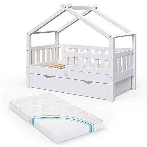 VitaliSpa Hausbett Design, Weiß, 70x140 cm mit Schublade und Matratze