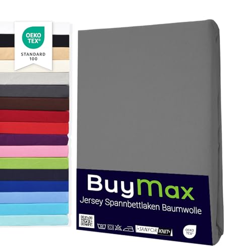 Buymax Spannbettlaken 90x200cm Baumwolle 100% Spannbetttuch Bettlaken Jersey, Matratzenhöhe bis 25 cm, Farbe Anthrazit-Grau