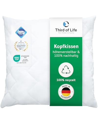 Kopfkissen 80x80 VERDA, 100% nachhaltig, Made in Germany, Orthopädisches Schlaf-Kissen 80 x 80, Polster aus recycelten Fasern, Höhenverstellbar für Bauch-, Rücken-, Seitenschläfer, Allergiker geeignet