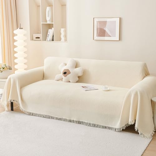 LHGOGO Sofaüberwurf Decke mit Fransen - 180x300cm Doppelseitig Überwurf Sofa 3 Sitzer Waffel Muster Decke als Couch Überwurf, Sofa Überzug, Sofadecke - Creme