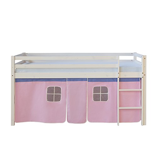 Homestyle4u 1535, Kinderbett 90x200 Weiß Hochbett mit Treppe Vorhang Rosa Bettgestell Holz Kiefer Kinderzimmer