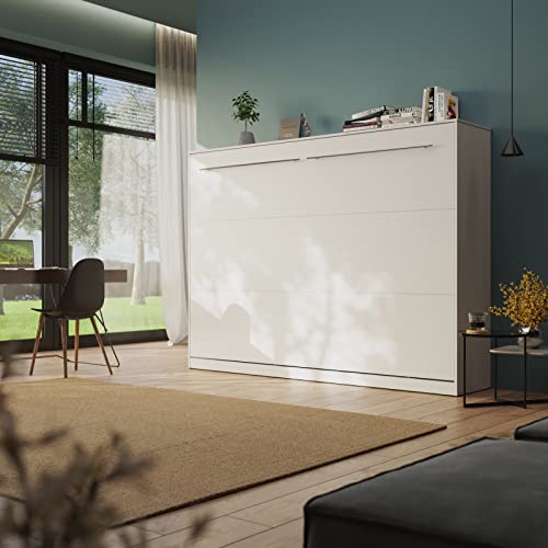 Schrankbett Standard 140x200 cm Horizontal Weiß mit Gasdruckfedern, ausklappbares Wandbett, ideal geeignet als Wandklappbett fürs Gästezimmer, Büro, Wohnzimmer, Schlafzimmer
