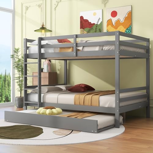 Etagenbett Kinderbett 140x200 mit Ausziehbett und Treppe, Platzsparendes Hochbett Doppelbett Jugendbett Stockbett Funktionsbett mit Rausfallschutz und Lattenrost, Kiefernholz, Grau, ohne Matratze