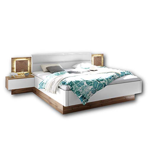 Capri Stilvolle Doppelbett Bettanlage mit LED-Beleuchtung 180 x 200 cm - Schlafzimmer Komplett-Set in Wildeiche-Optik, Weiß - 305 x 96 x 205 cm (B/H/T)