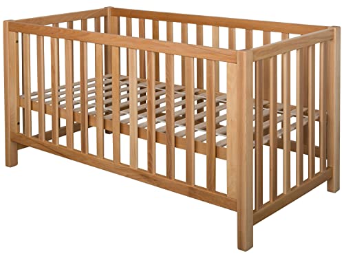 fornera f27 Massivholz Babybett/Kleinkindbett, Massivholz Kinder Bett für Jungen und Mädchen, mit hochwertigen Rollrost, Höhenverstellbar mit Schlupfsprossen, 70x140 cm, Bio geölt, 140 x 70 cm