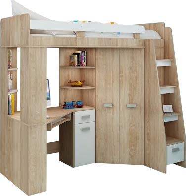 Hochbett/Etagenbett/Entresole – alle in Einer rechts Ablesen Treppen – Kinder Möbel Set. Bett, Kleiderschrank, Regal, Schreibtisch Sonoma Oak - White