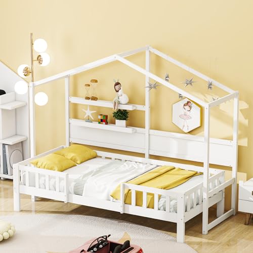 Merax Kinderbett 90 x 200 cm, Hausbett Rausfallschutz mit Lattenrost, Bodenbett mit Regal, für Jungen & Mädchen, Weiß (Ohne Matratze)
