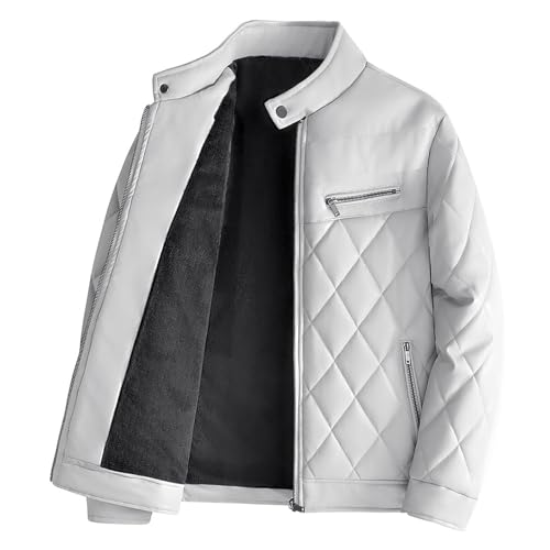 Pu Leder Baumwolle Auf Gepolsterte Herren Winter Mit Fleece Verdickte Lederjacke Motorradjacke Wintermantel Lederhosen Strümpfe Herren (White-d, XXL)