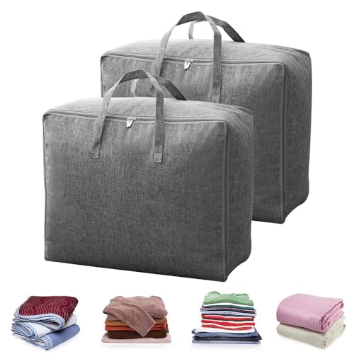 LANSKYLAN 2er Set Bettwäsche Tasche Aufbewahrung Bettzeug Tasche Unterwegs mit Reißverschluss Bett Aufbewahrungstasche ca. 60x50x28cm Große Bettwaren Taschen Beutel für Bettwäsche Bettdecken Kissen